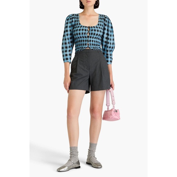 Ganni Smocked Top Puff Sleeve Checkered Blouse Alaskan Blue Button Up‎ Size S - Picture 2 of 6
